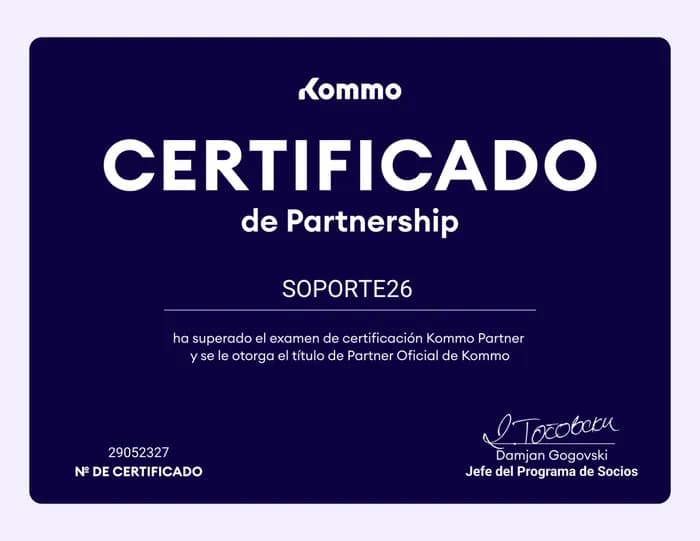 Certificado de Partnership de Kommo otorgado a Soporte26